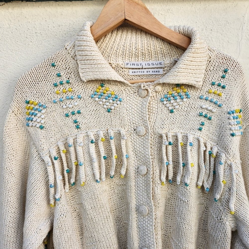 Vintage Hand Knit Fringe Beaded Southwestern Cardigan Sweater - Picture 5 of 8